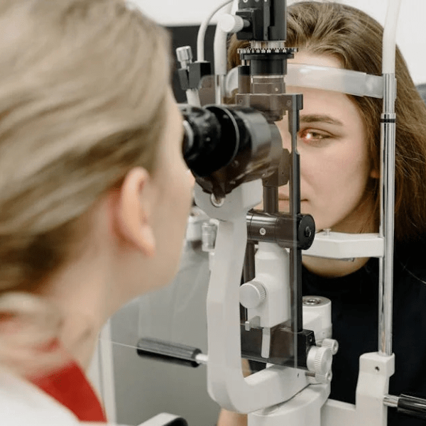Patient undergoing slit lamp eye exam - Acuity Health Solutions