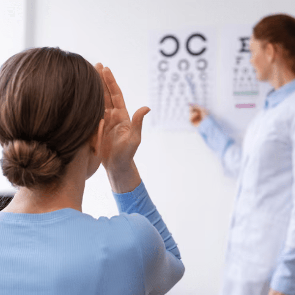Patient undergoing vision test with Snellen chart - Acuity Health Solutions