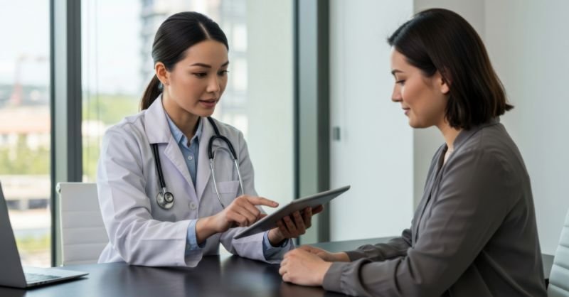 Doctor showing medical data to patient on tablet - Acuity Health Solutions