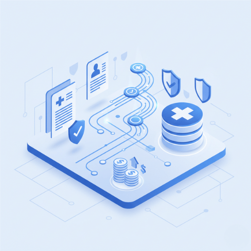 Isometric infographic of a secure healthcare data journey featuring patient records, financial growth, and protected medical databases.