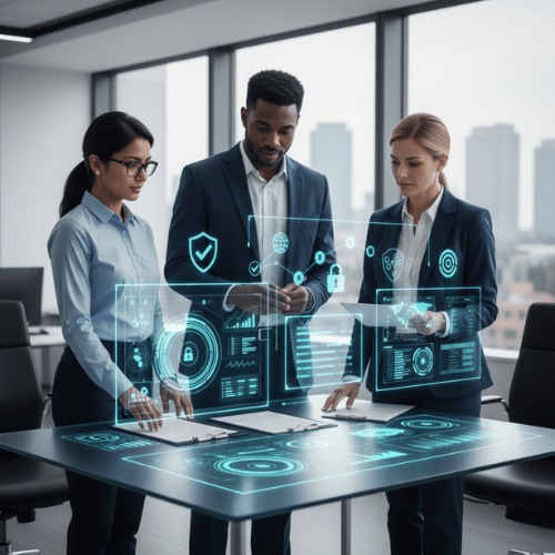 Diverse executive team collaborating on secure healthcare data analytics and clinical compliance in a modern office.