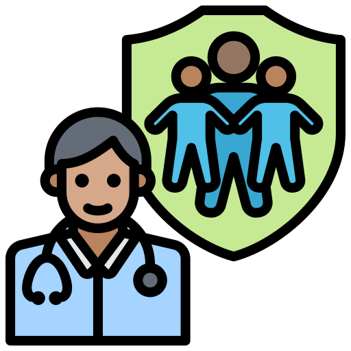 Flat design medical icon of a physician in front of a protective shield containing a family silhouette.