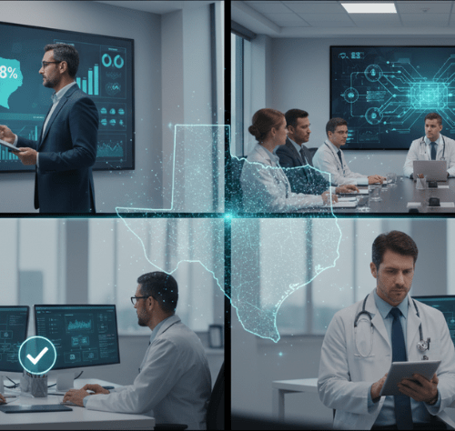 Medical professionals and data analysts monitoring Texas healthcare revenue cycle management and clinical performance.