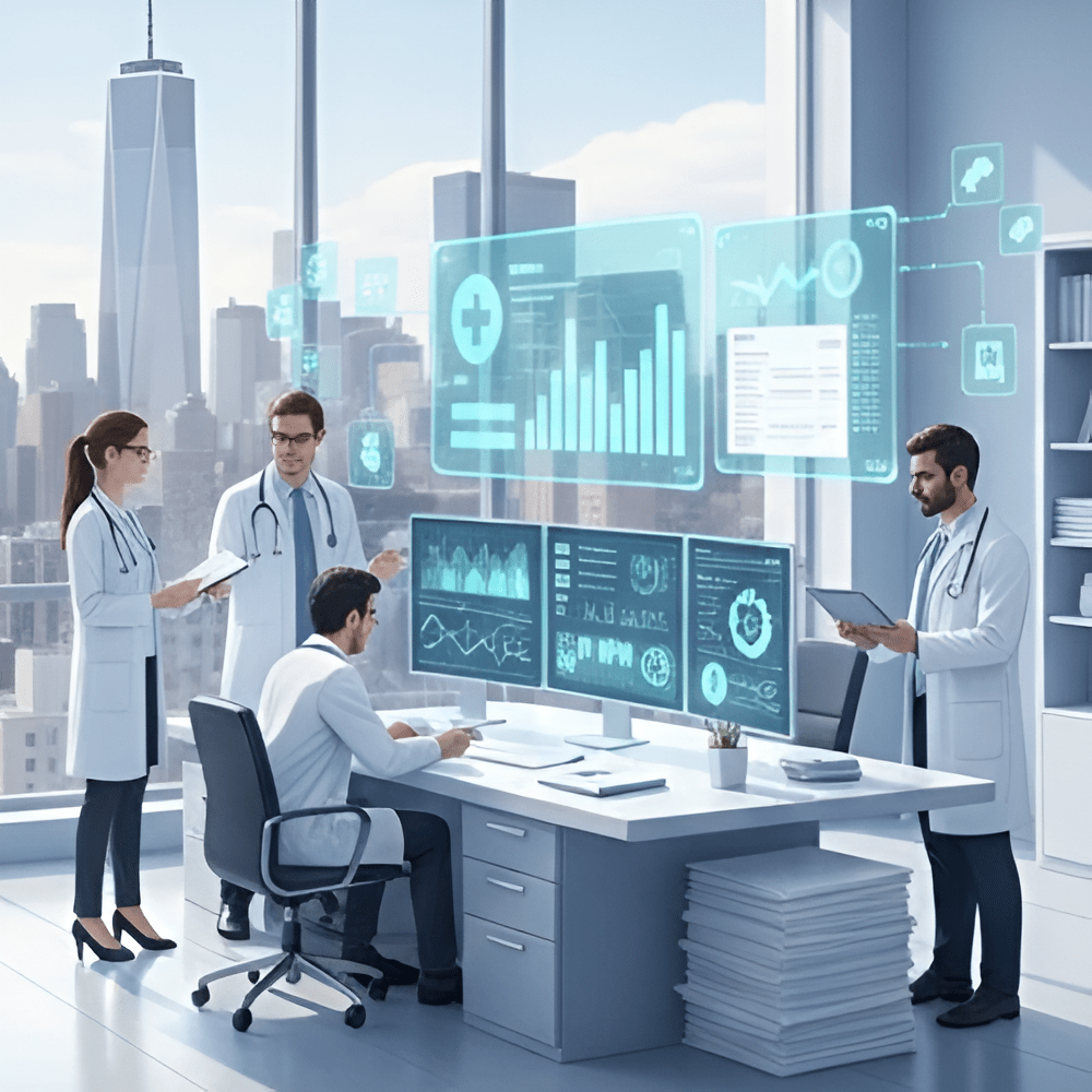 Medical professionals in a New York City office analyzing healthcare data dashboards and clinical analytics.