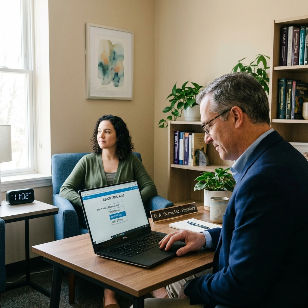 A billing specialist managing claim denials and ICD-10 coding using NexBill software. Acuity Health Solution.