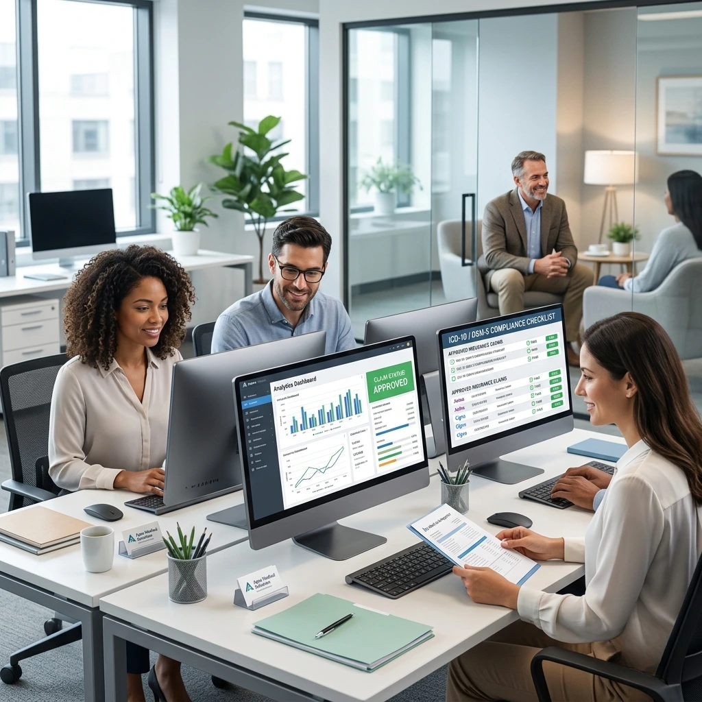 A healthcare professional reviews a complex RCM dashboard showing revenue growth and key performance metrics. Acuity Health Solution.