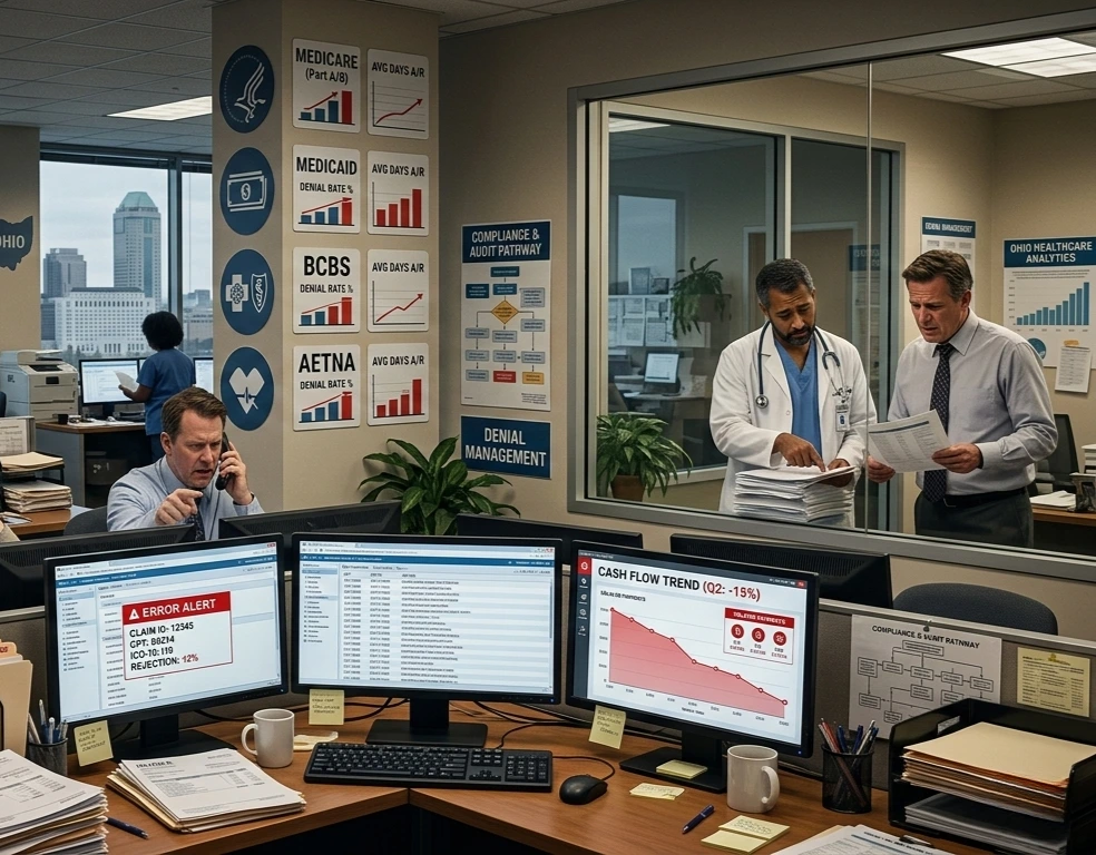 A medical billing specialist at a desk reviewing healthcare claim data and financial analytics. Acuity Health Solution.