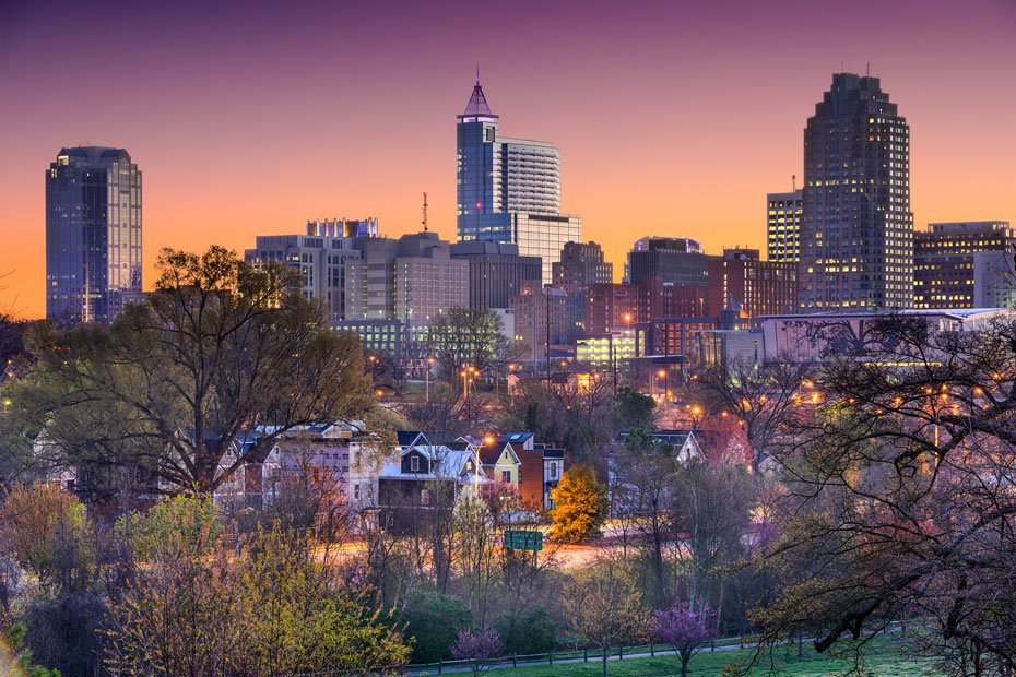 Raleigh NC skyline purple sunset