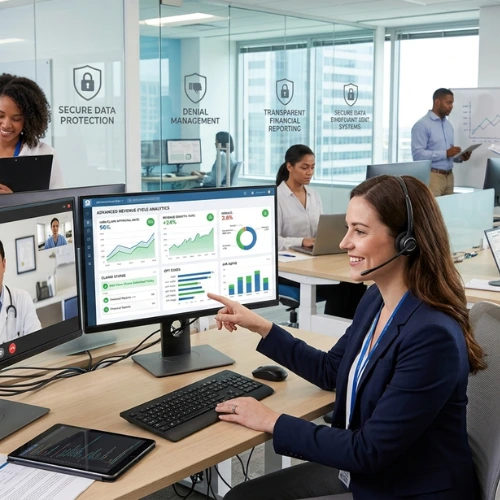 Office staff using data analytics software
