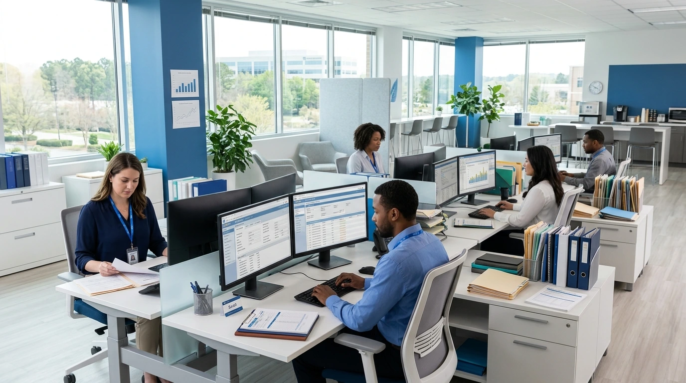 A professional revenue cycle management team working in a modern North Carolina medical billing office. Acuity Health Solution.