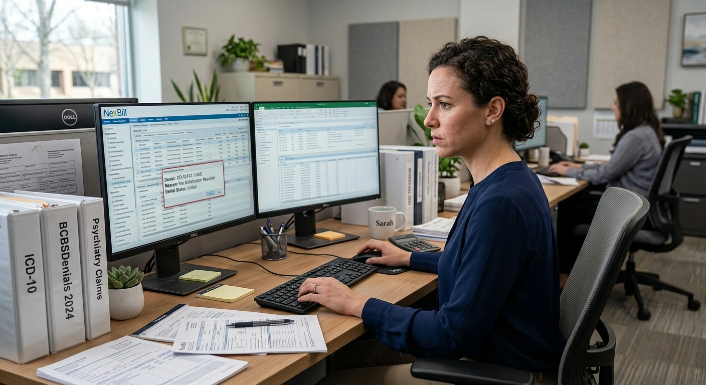 A billing specialist managing claim denials and ICD-10 coding using NexBill software. Acuity Health Solution.