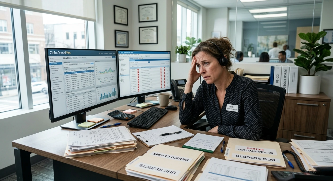 A billing specialist managing claim denials and ICD-10 coding using NexBill software. Acuity Health Solution.