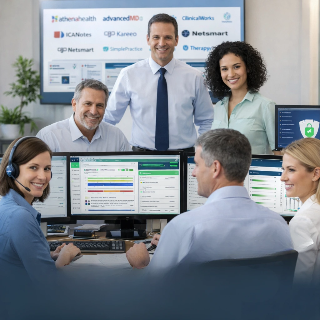 A healthcare professional reviews a complex RCM dashboard showing revenue growth and key performance metrics. Acuity Health Solution.