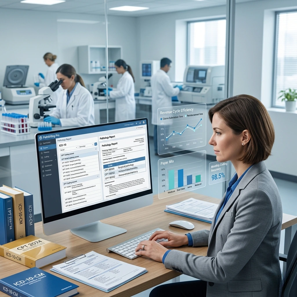 A professional reviewing pathology billing reports and revenue efficiency data. Acuity Health Solution.