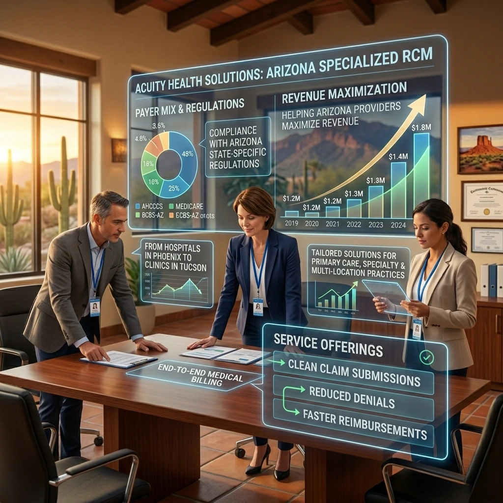An infographic showing Arizona-specific RCM services and revenue growth for medical practices. Acuity Health Solution.