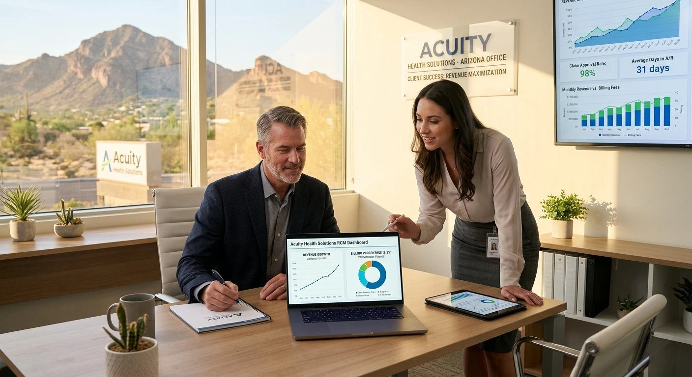Professionals reviewing an RCM dashboard at the Acuity Health Solutions Arizona office. Acuity Health Solution.
