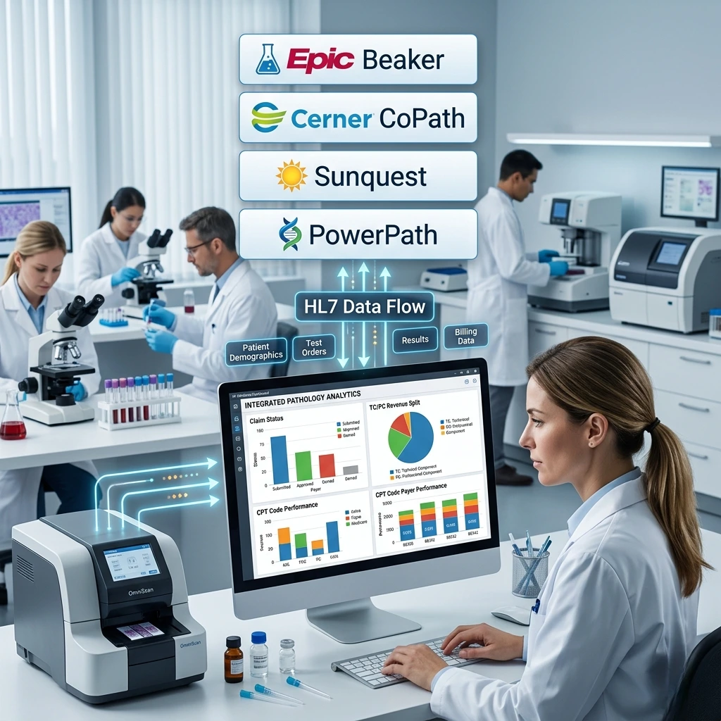 A specialist reviewing integrated pathology analytics and HL7 data flow in a modern laboratory. Acuity Health Solution.