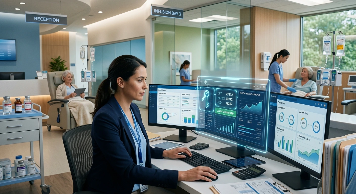 A billing specialist manages complex oncology revenue cycle data and prior authorizations. Acuity Health Solution.