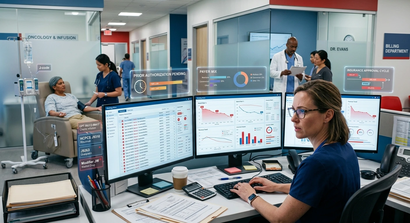A billing specialist manages complex oncology revenue cycle data and prior authorizations. Acuity Health Solution.