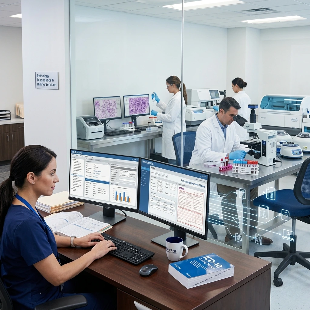 A billing specialist processing insurance claims while lab technicians work in a pathology laboratory. Acuity Health Solution.