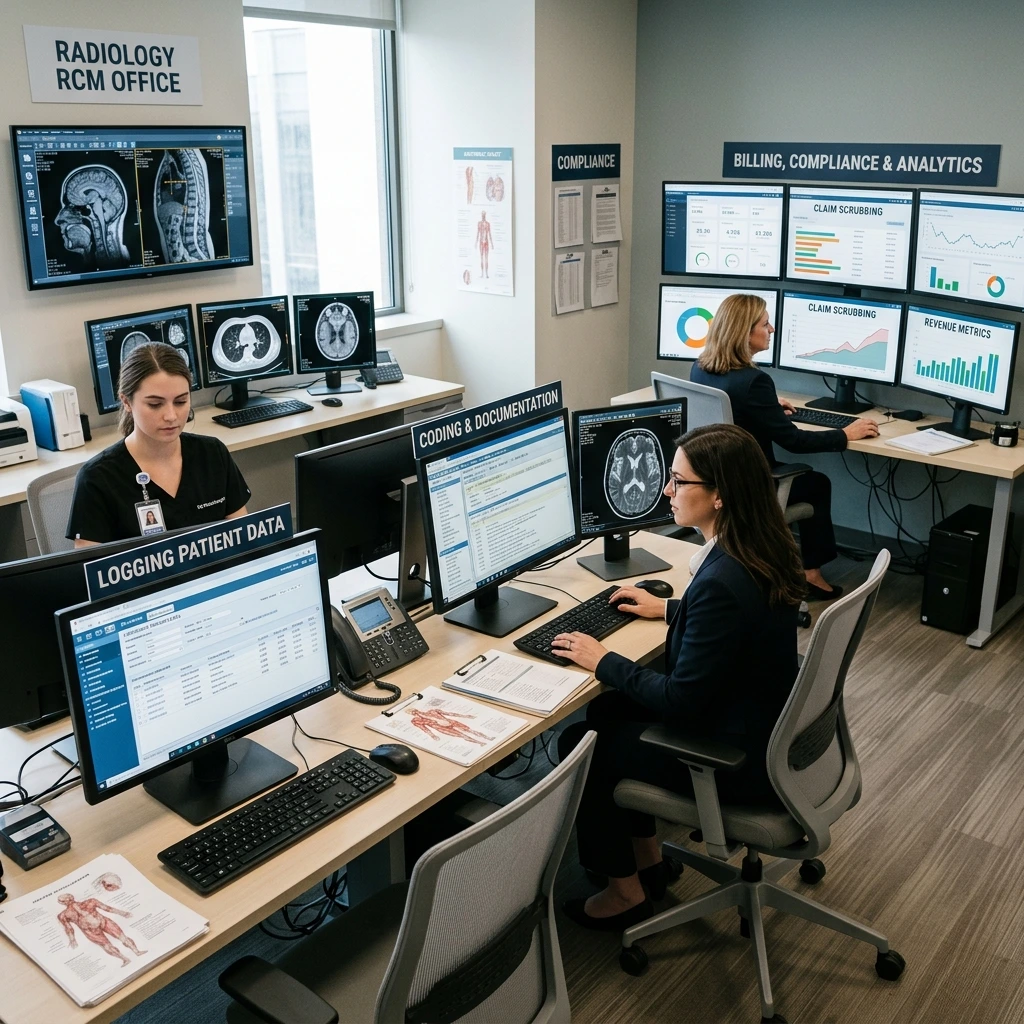 A clinical specialist reviewing brain imaging and neurological data on a dual-monitor setup. Acuity Health Solution.