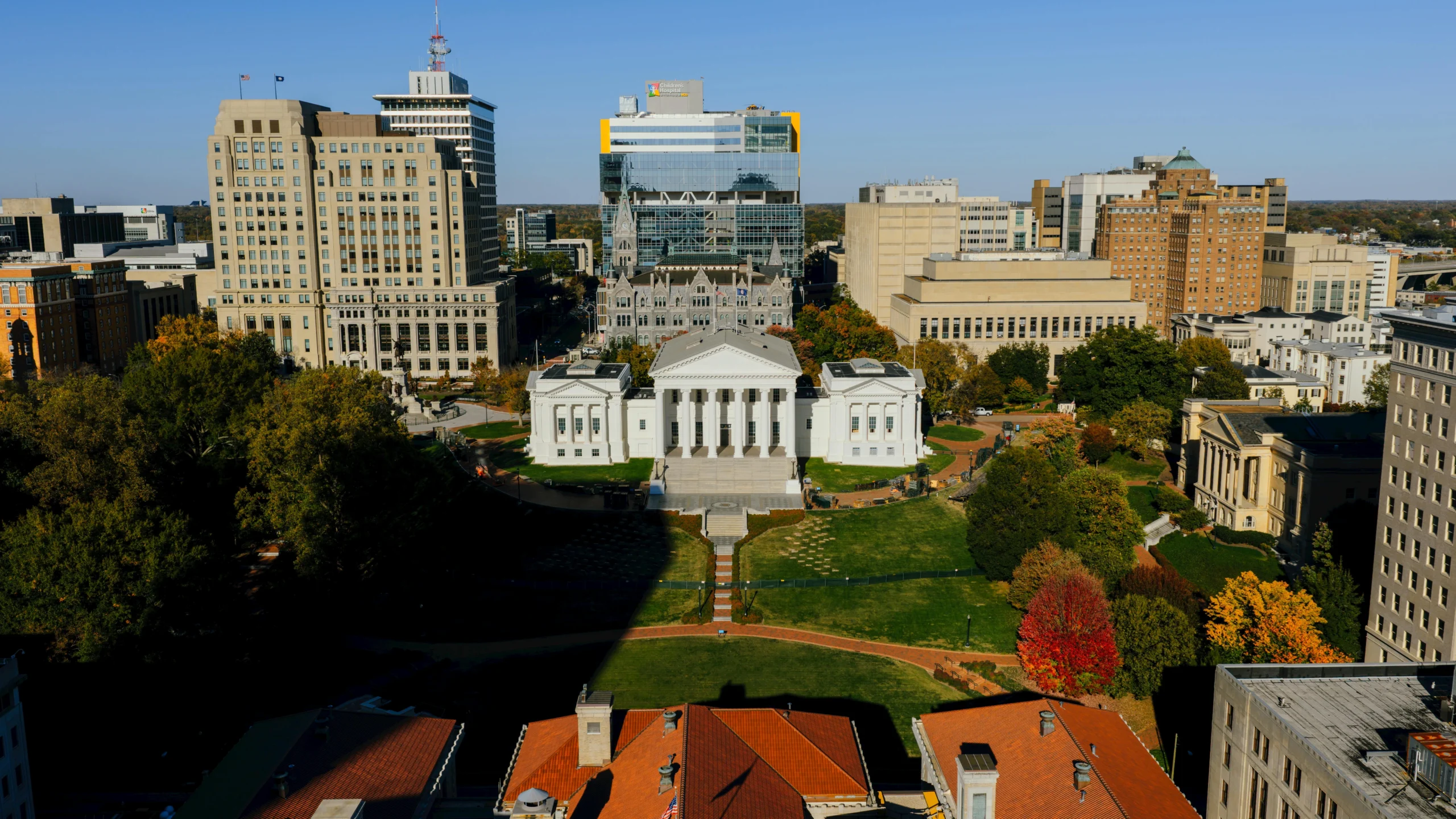 An aerial view of the Virginia State Capitol building and surrounding city skyline. Acuity Health Solution.