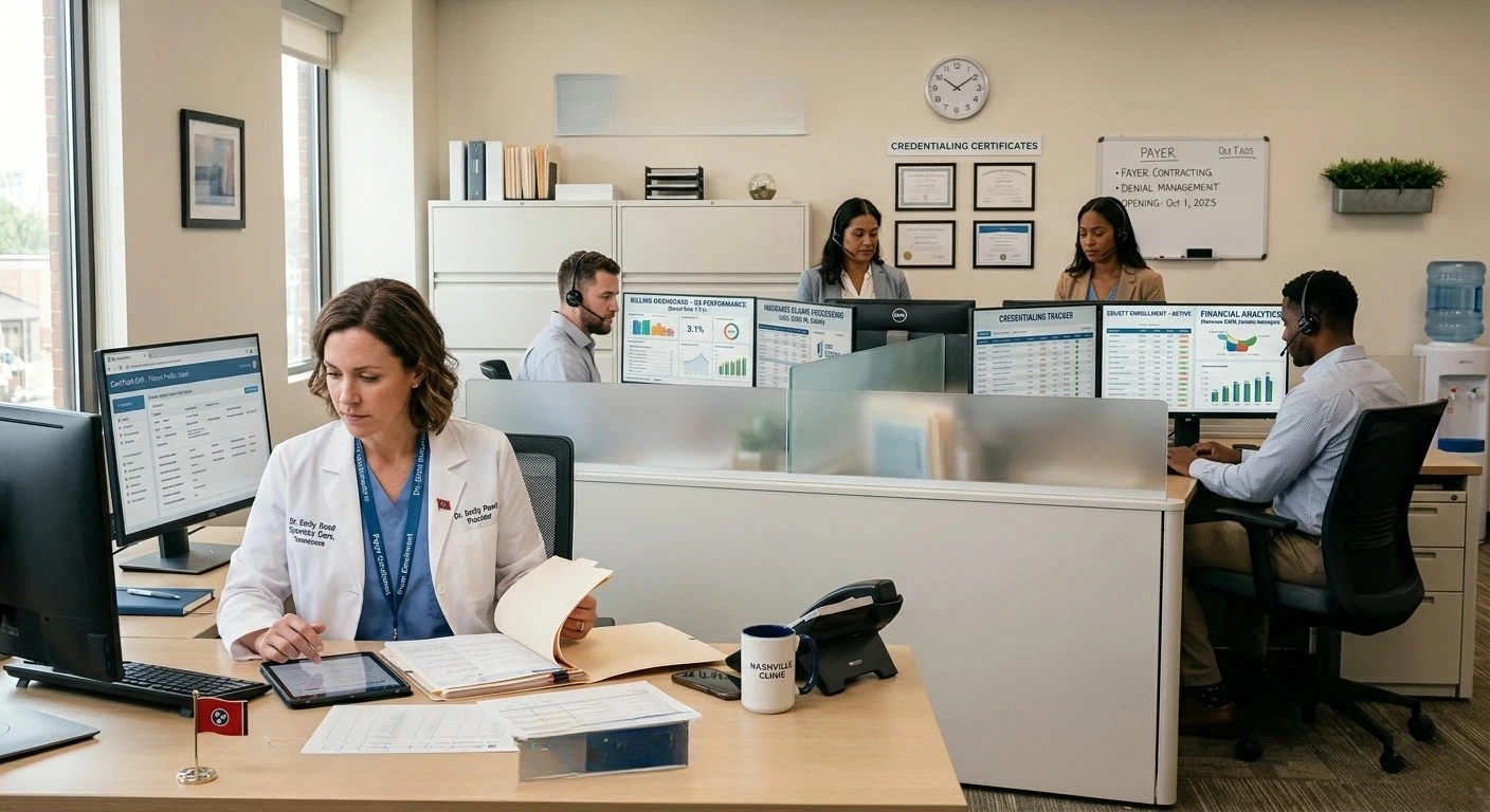 Professional healthcare administration team working on medical billing, revenue cycle management, and clinical analytics in an office setting - Acuity Health Solution