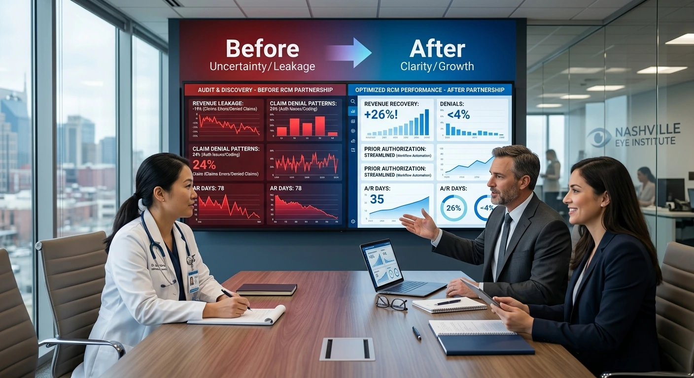 Healthcare consultants presenting before and after RCM revenue performance charts to a doctor - Acuity Health Solution