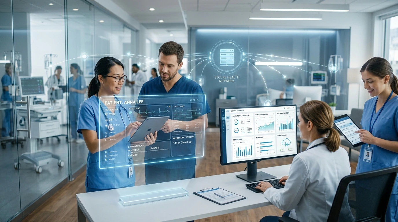 Healthcare professionals using digital tablets and desktop monitors to access secure health networks and patient clinical analytics dashboards - Acuity Health Solution