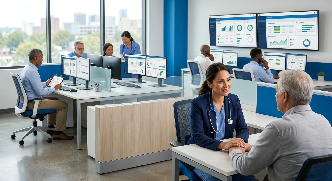 Healthcare consultant talking to a patient in a medical office with staff managing clinical data - Acuity Health Solution