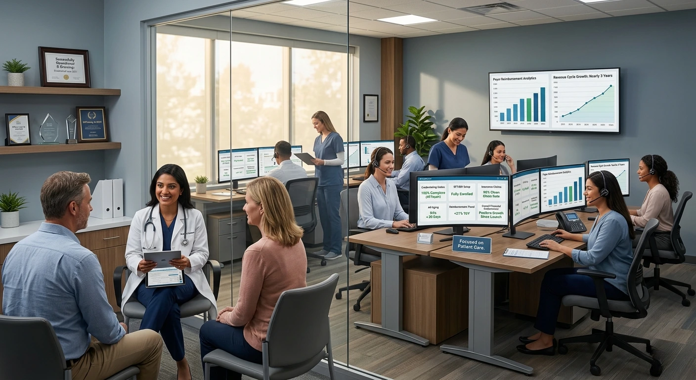 Medical consultation with a doctor alongside a healthcare administration team managing payer reimbursement analytics and revenue cycle metrics - Acuity Health Solution