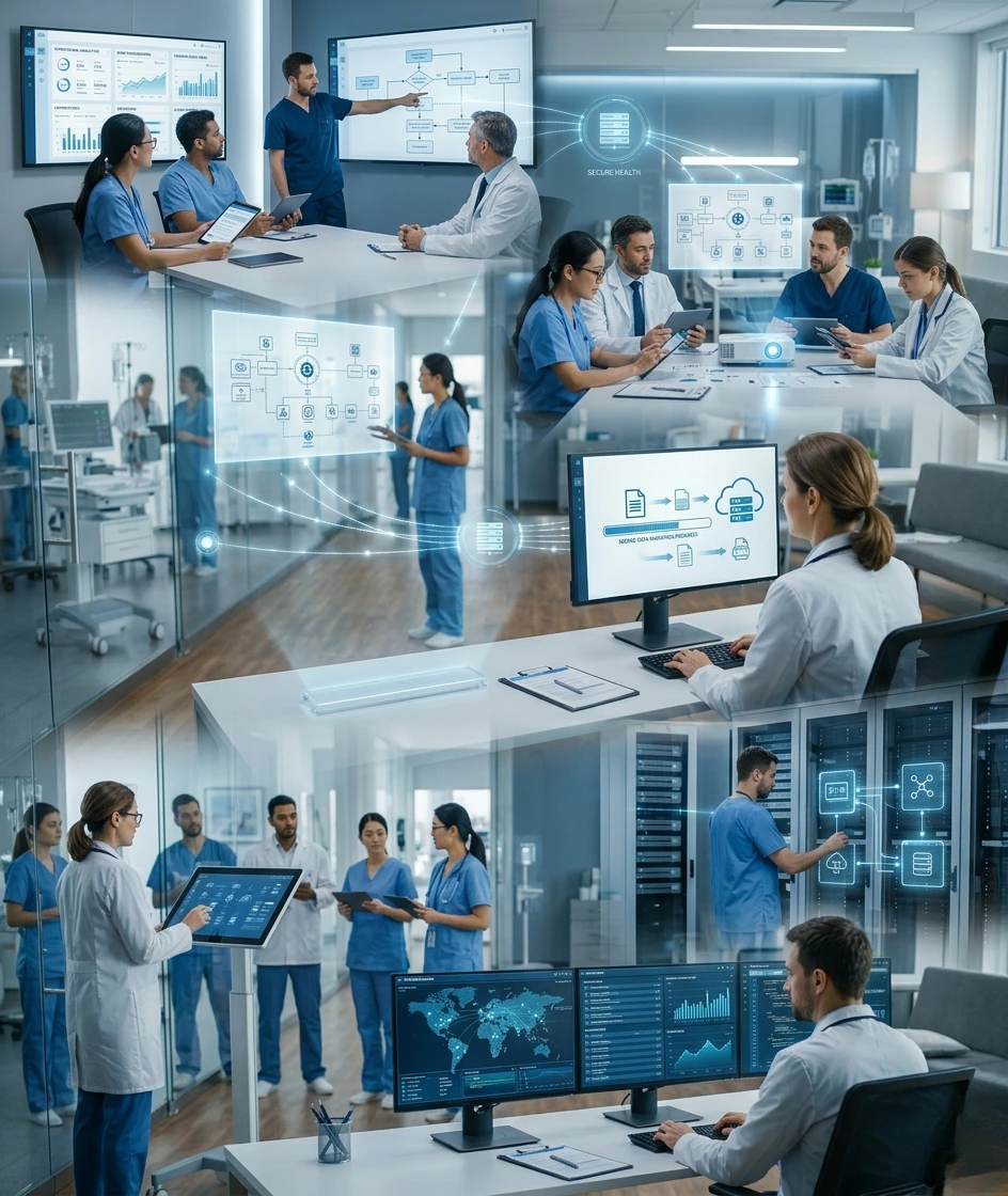 Collage of healthcare IT professionals and doctors managing secure clinical networks medical data servers and cloud integration solutions - Acuity Health Solution