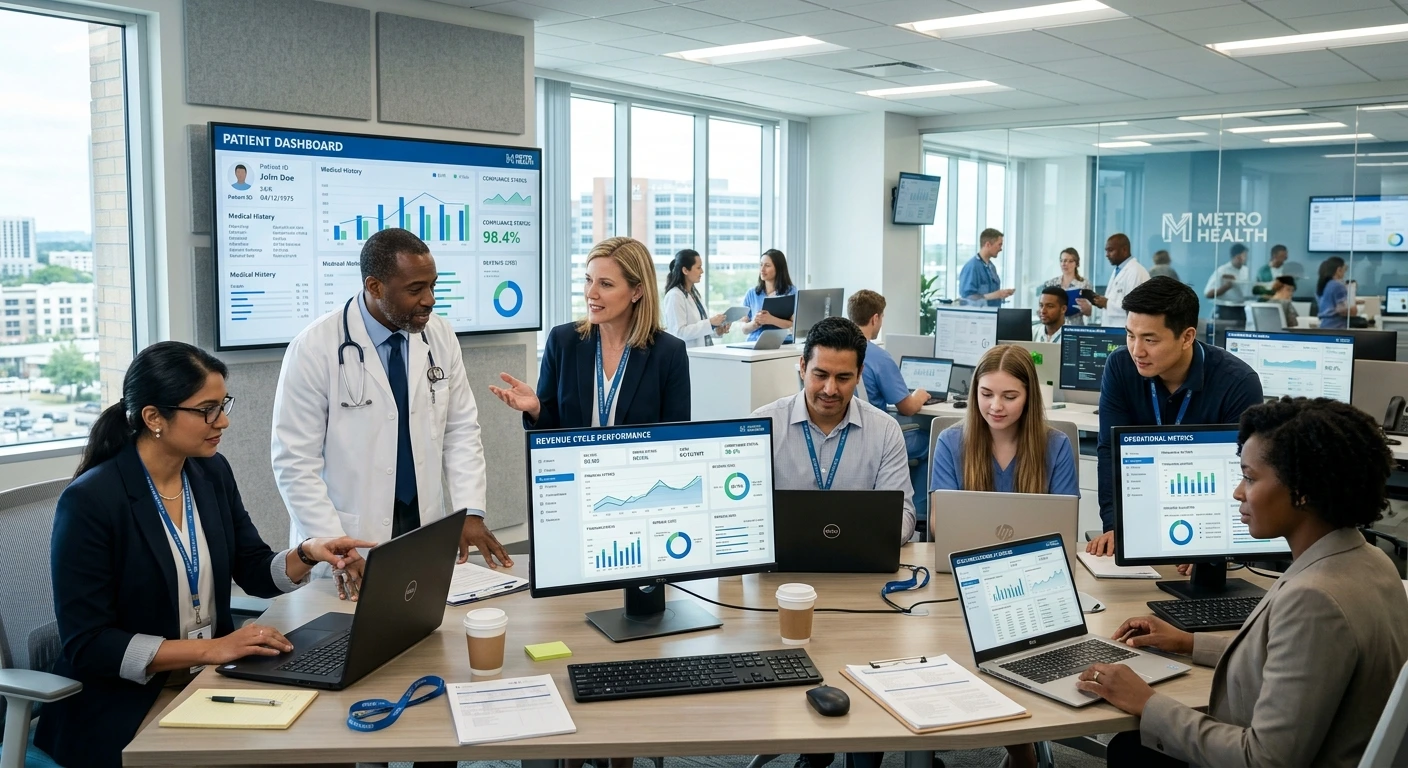 Healthcare executives and medical staff collaborating around revenue cycle performance and patient analytics dashboards in a corporate office - Acuity Health Solution