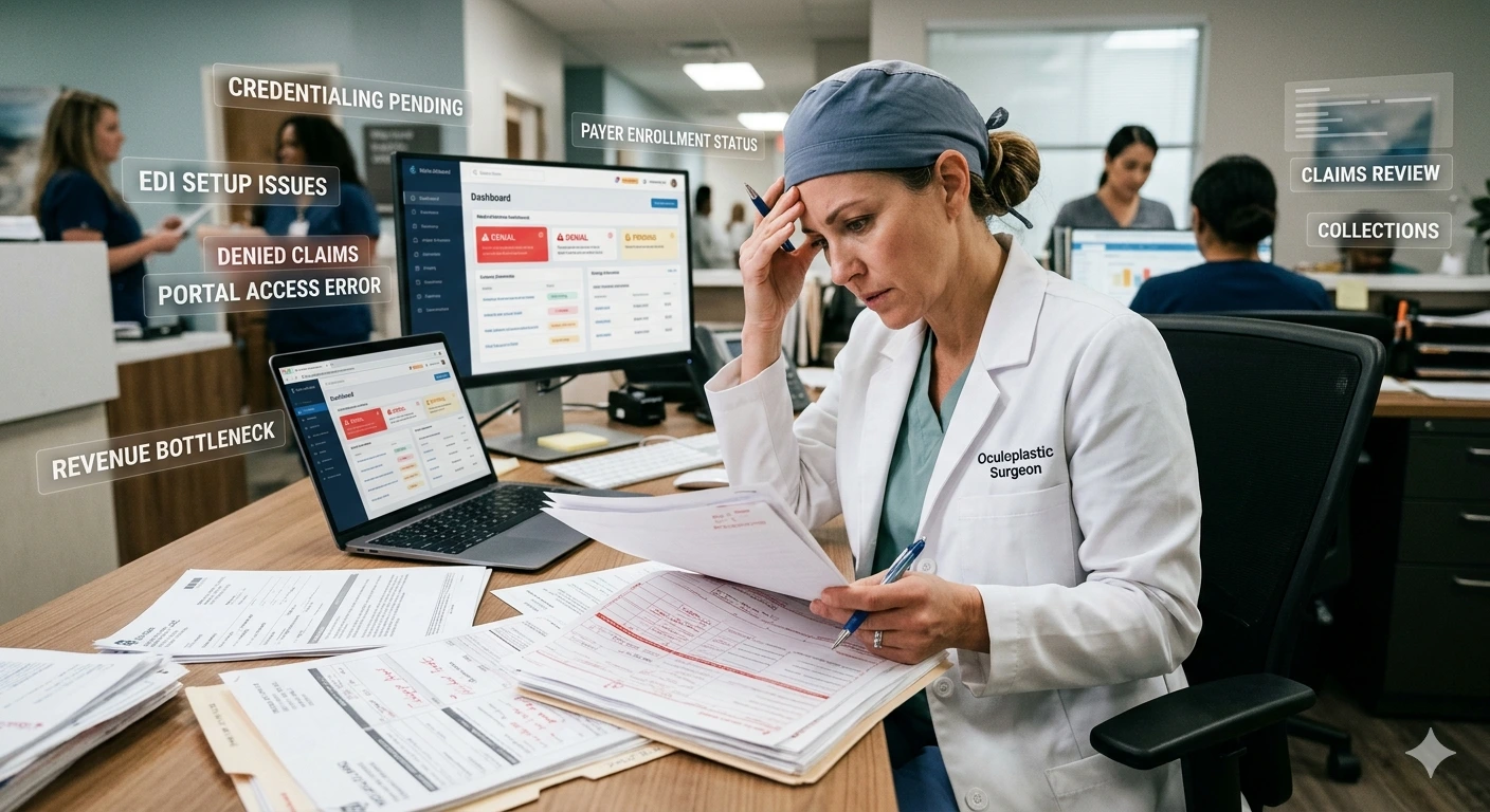 Stressed female healthcare provider reviewing medical billing paperwork with digital overlays highlighting revenue bottlenecks and denied claims - Acuity Health Solution