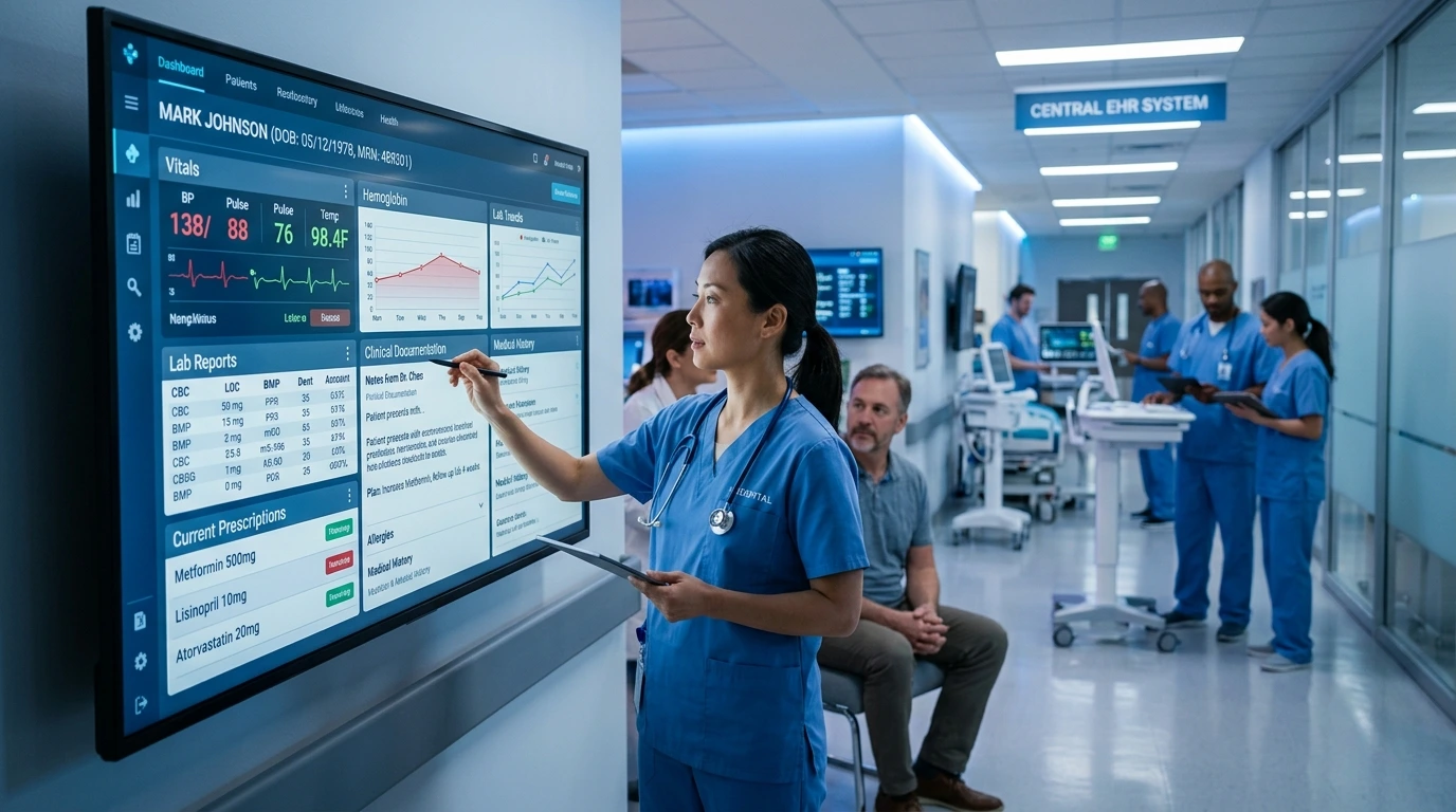 Female nurse interacting with a large digital wall display tracking patient vitals lab reports and clinical documentation - Acuity Health Solution
