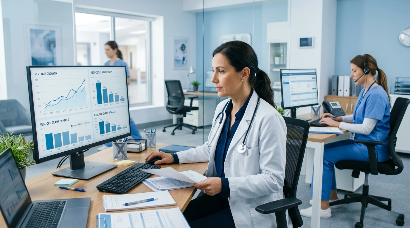 Healthcare administrative leaders reviewing dermatology billing dashboards and claim denial analytics alongside a backend support team - Acuity Health Solution