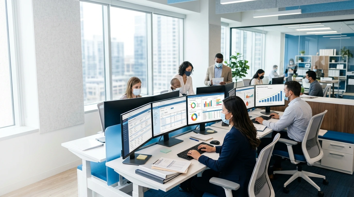 Corporate healthcare operations team wearing face masks while analyzing financial charts and medical billing dashboards - Acuity Health Solution