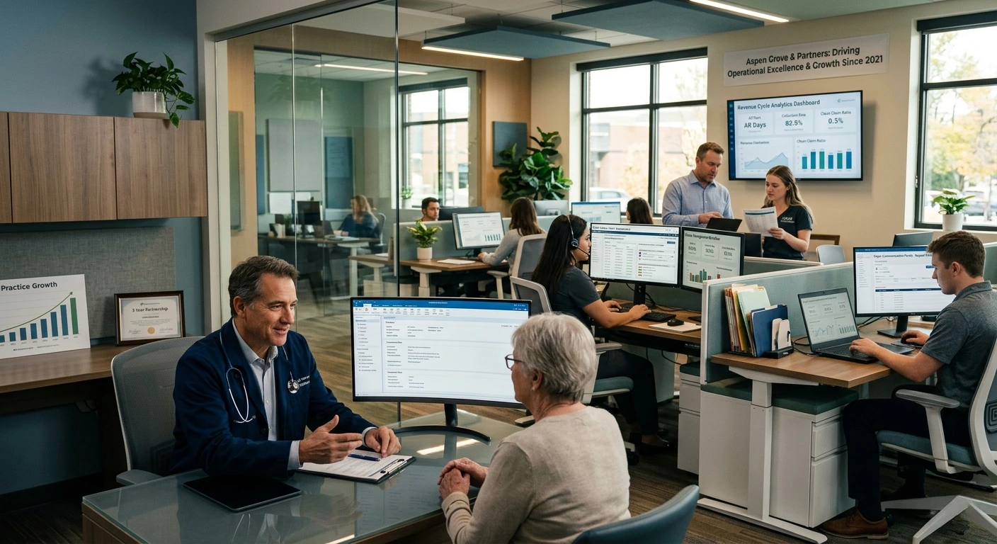 Medical practitioner consulting with an elderly patient in a professional healthcare office specializing in revenue cycle analytics and clinical operations - Acuity Health Solution