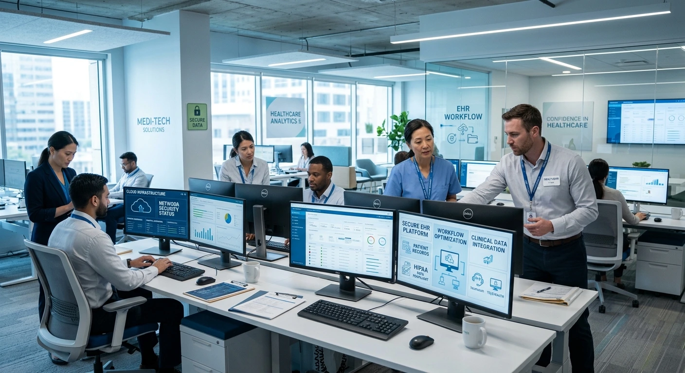 Professional team working in a modern healthcare IT office analyzing clinical data dashboards and EHR workflows - Acuity Health Solution