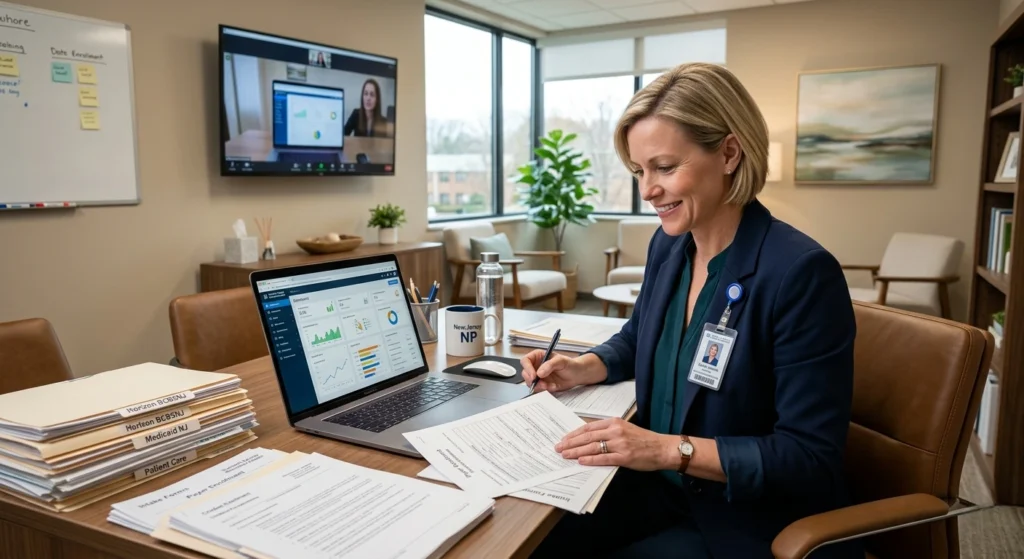 Healthcare manager reviewing patient enrollment paperwork and medical data dashboards on a laptop - Acuity Health Solution