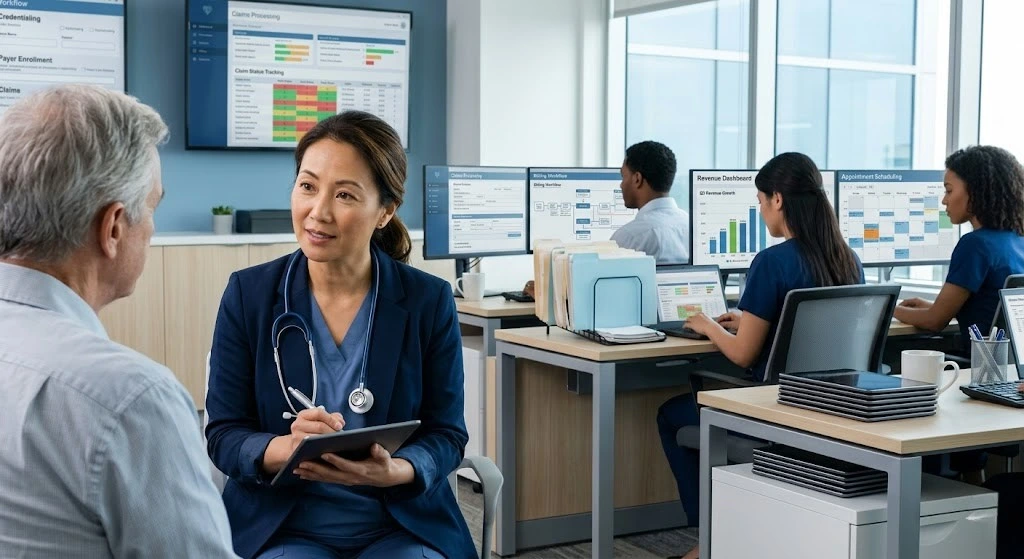 Healthcare consultant taking notes on a tablet during a patient consultation in a medical office - Acuity Health Solution
