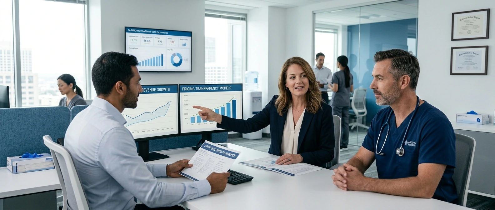 Healthcare financial consultant presenting revenue growth strategies and pricing transparency models to clinical and operations leadership - Acuity Health Solution