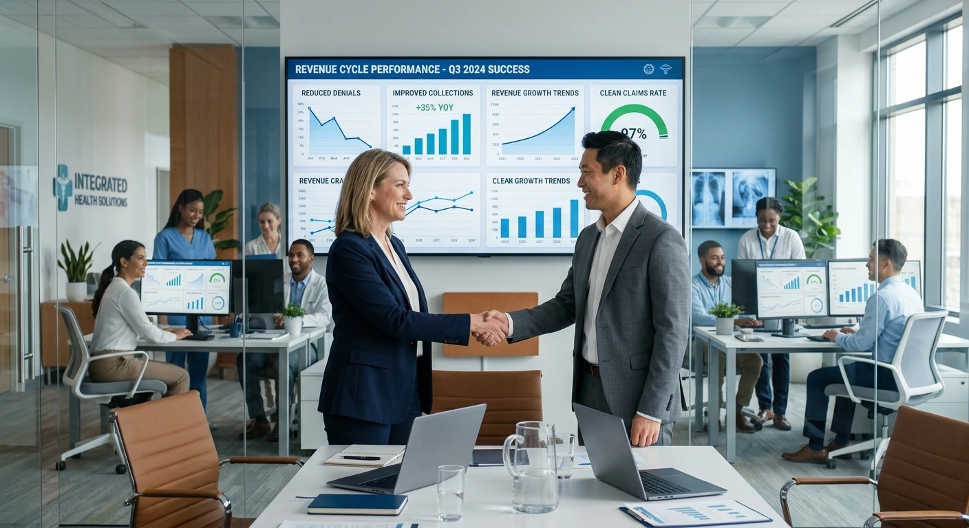 Healthcare executives shaking hands celebrating improved revenue cycle metrics and clean claims rate - Acuity Health Solution