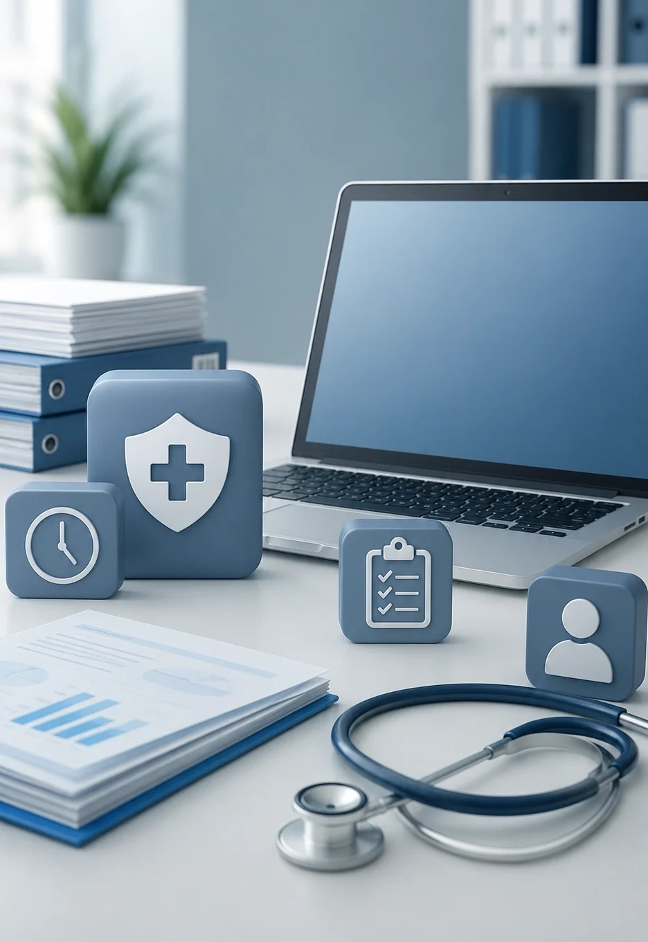 Stethoscope and laptop with 3D healthcare compliance and medical management icons on a desk - Acuity Health Solution