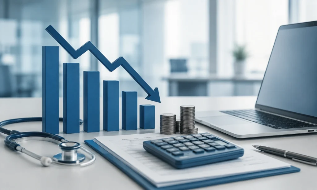 Stethoscope next to a declining financial bar chart representing healthcare revenue losses - Acuity Health Solution