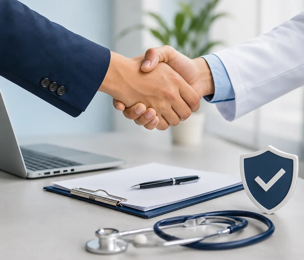 Secure medical compliance binders and healthcare data analytics charts on an office desk - Acuity Health Solution