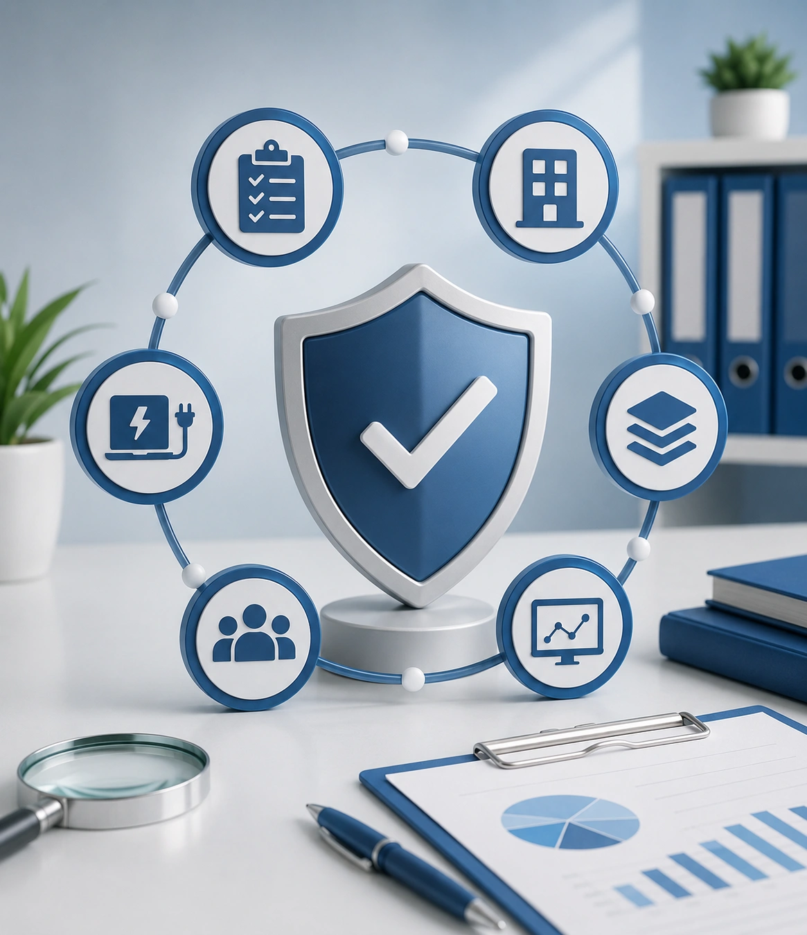 Secure medical compliance binders and healthcare data analytics charts on an office desk - Acuity Health Solution
