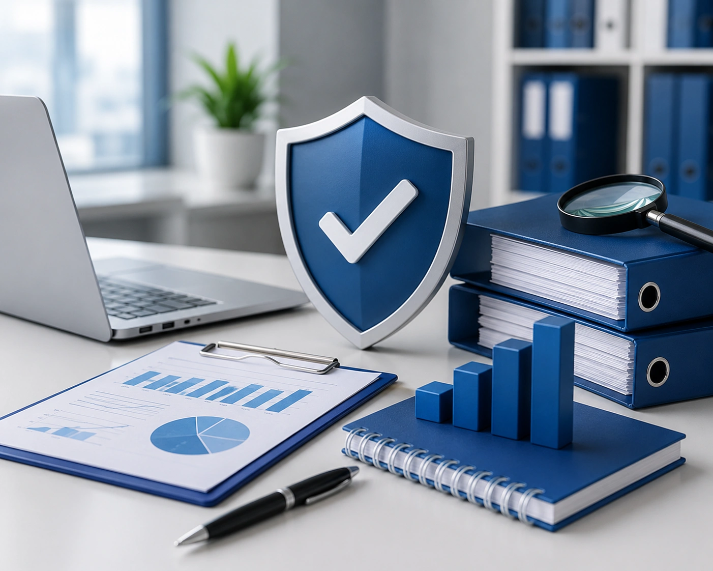 Secure medical compliance binders and healthcare data analytics charts on an office desk - Acuity Health Solution