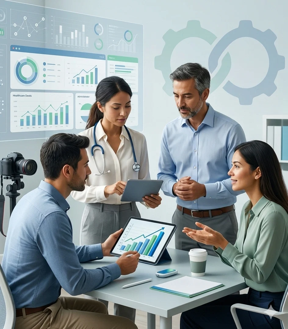 Healthcare consultants analyzing medical data charts and revenue metrics on tablets - Acuity Health Solution