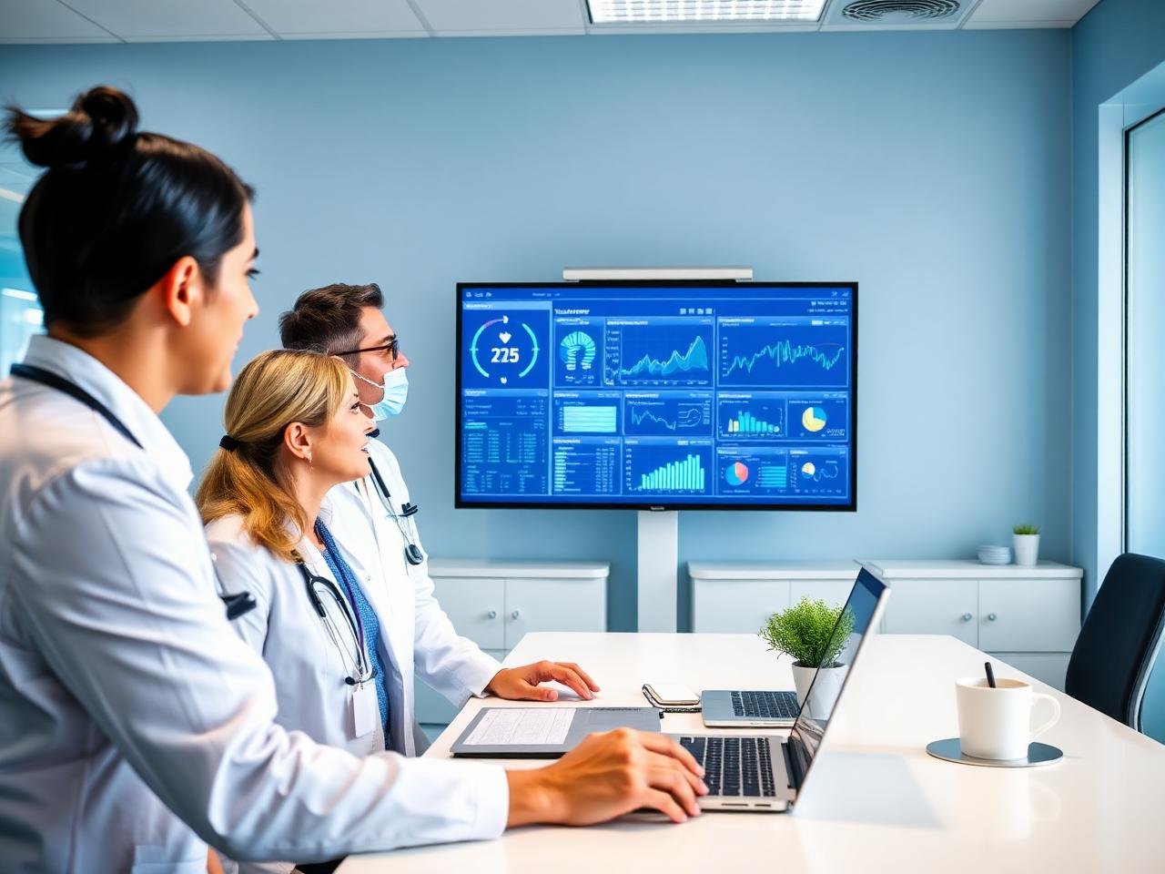 Doctors and medical staff analyzing clinical data trends and health dashboards on a big screen - Acuity Health Solution